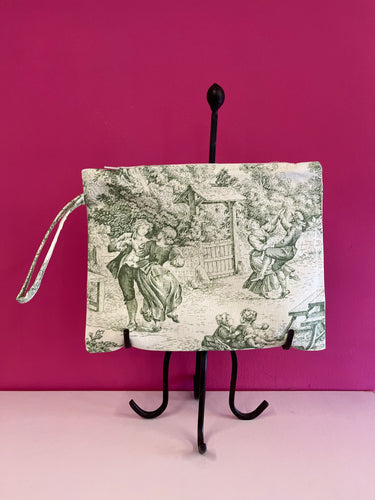 Sage green Toile de Jouy clutch bag