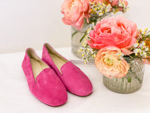 Load image into Gallery viewer, Handcrafted moccasins in fuchsia suede