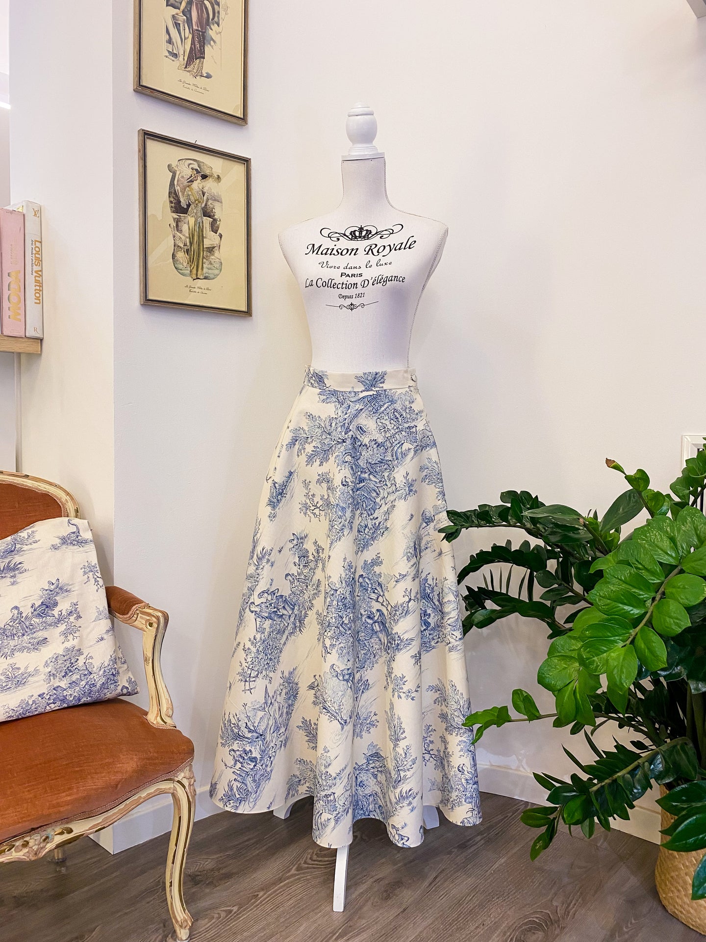 Gonna sartoriale Toile de Jouy azzurro -PREORDER